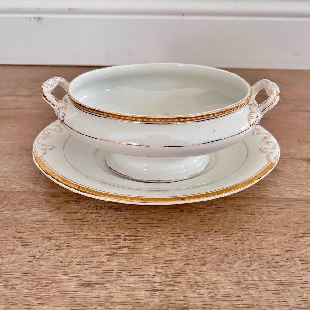Antique JOHN MADDOCK‎ & SONS ROYAL VITREOUS Gold Trim Cream Soup Bowl Underplate